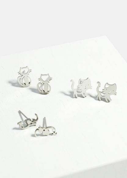 3-Pair Cute Cats Stud Earrings